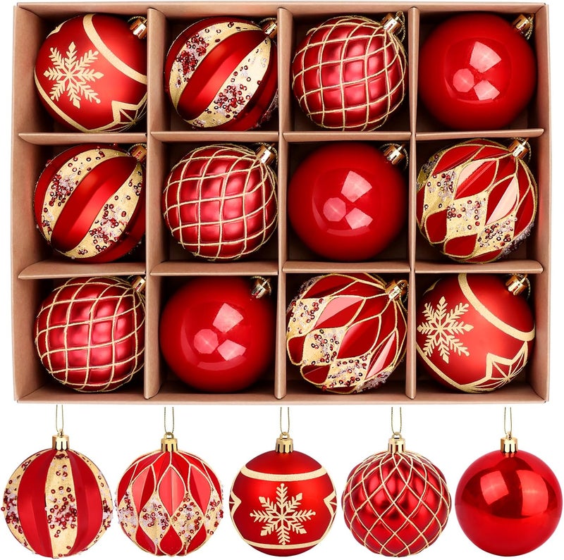 EverMerry EveryMerry 12-Pack 3.1 Inch Christmas Ornaments Set - Red & Gold Ornament Balls with 5 Various Designs, Decorations with Strings, Sturdy, Kraft Box with Lid for Xmas Tree, Holiday Party & Home Decor - Image 1